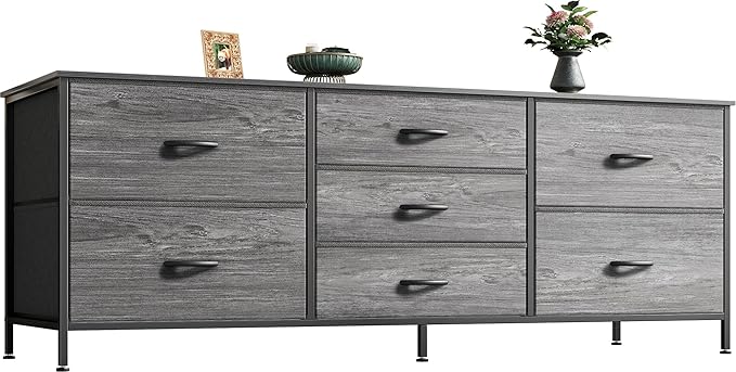 Dresser for Bedroom, 55 Inch Dresser TV Stand for 43, 55, 60 Inch TV, Long Dresser, Fabric Dresser, TV Stand with 7 Drawers, Storage Dresser for Closet, Clothing, Rustic Brown