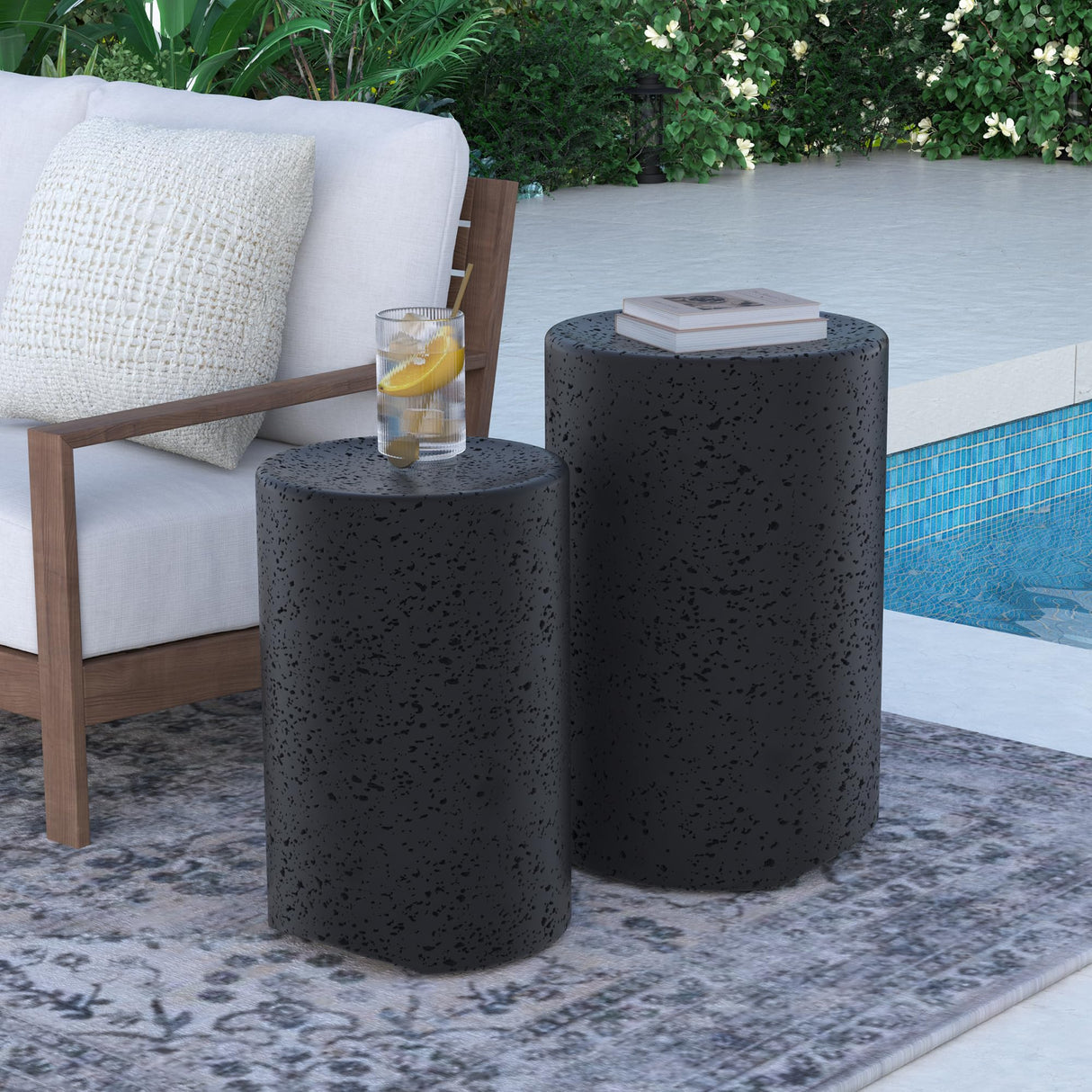 Concrete Side Table Set of 2, Outdoor Side Table Nesting for Patio, Outdoor Accent Table