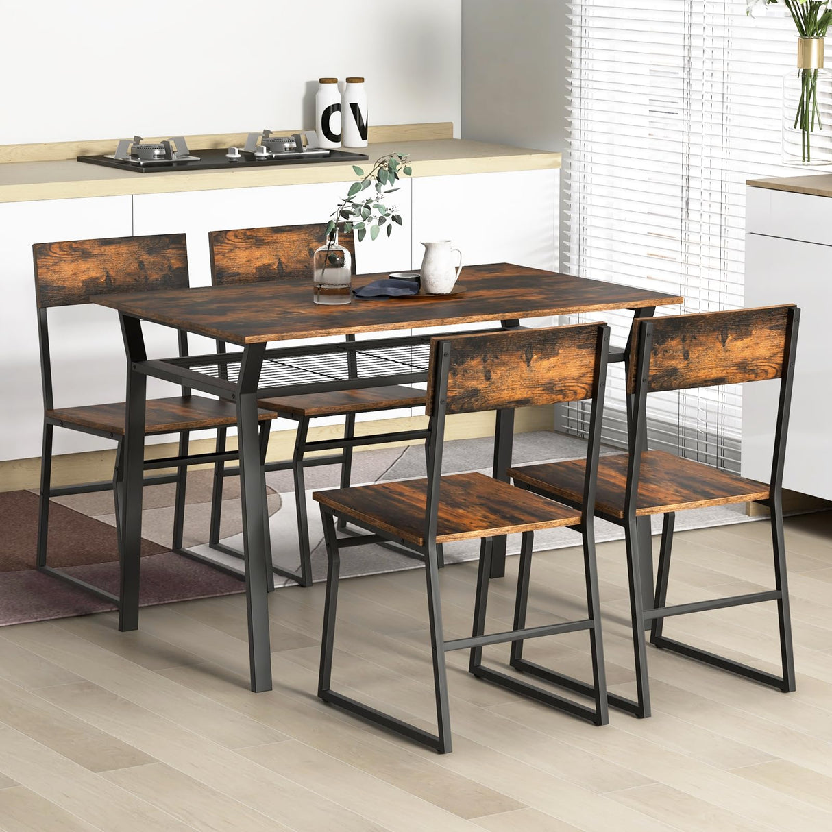 Dining Table Set for 4, 47”L x 28”W Rectangular Kitchen Table w/ 4 Trapezoid Chairs,