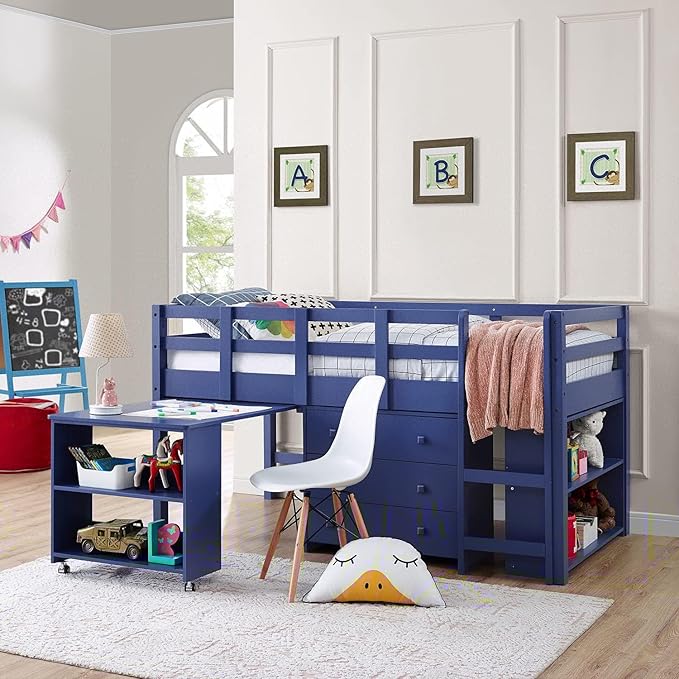 Naomi Twin Size Loft Bed with Storage, Desk, Cabinet Ladder, Low Study Pine Wood for