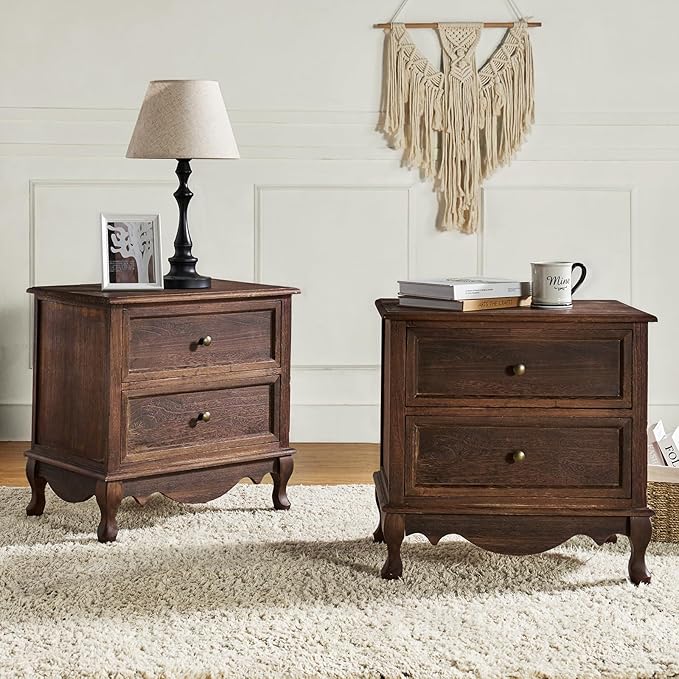 Wood Nightstand with Charging Station Space, Bedside Table 2 Drawer Dresser