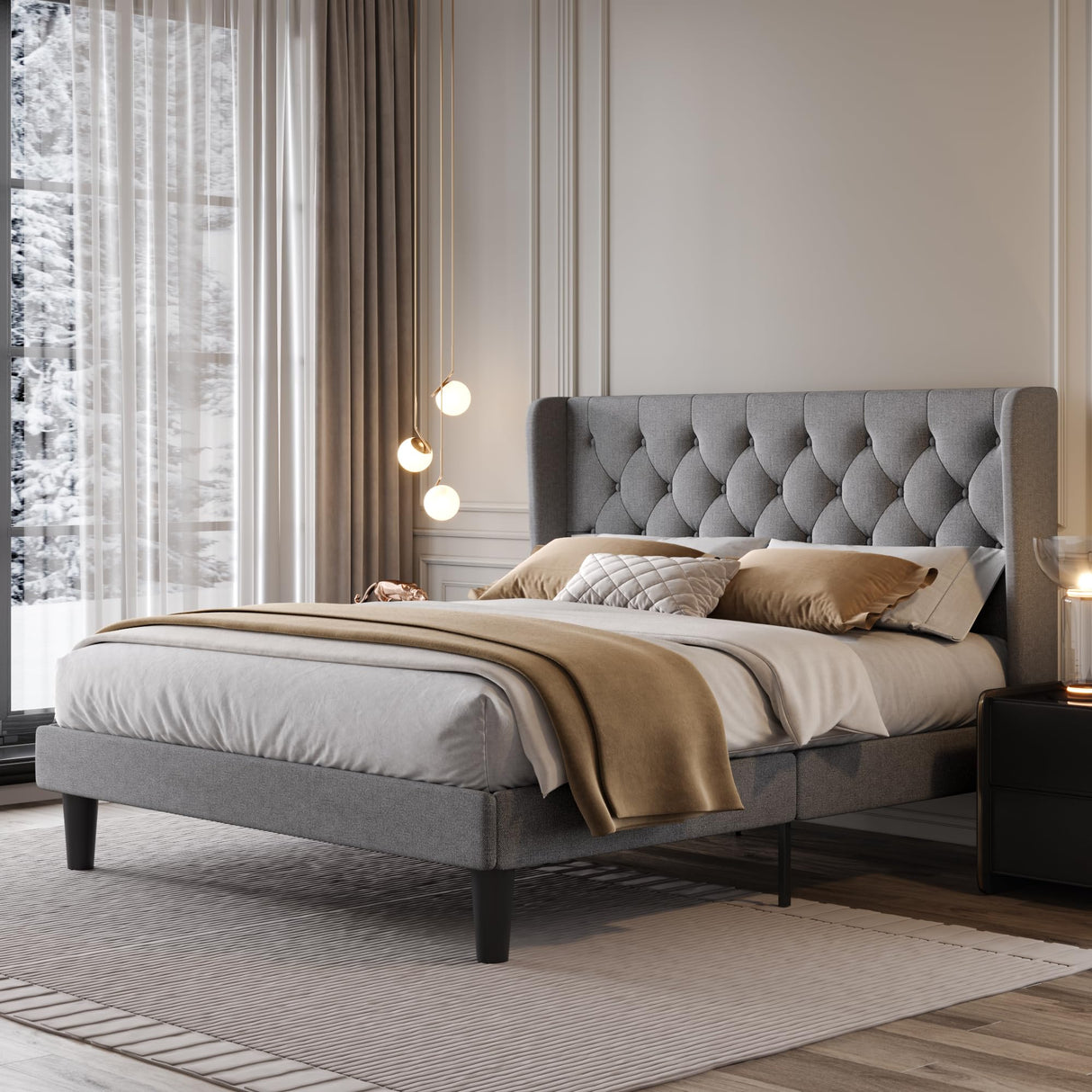 Queen Size Upholstered Platform Bed Frame with Wingback Headboard,