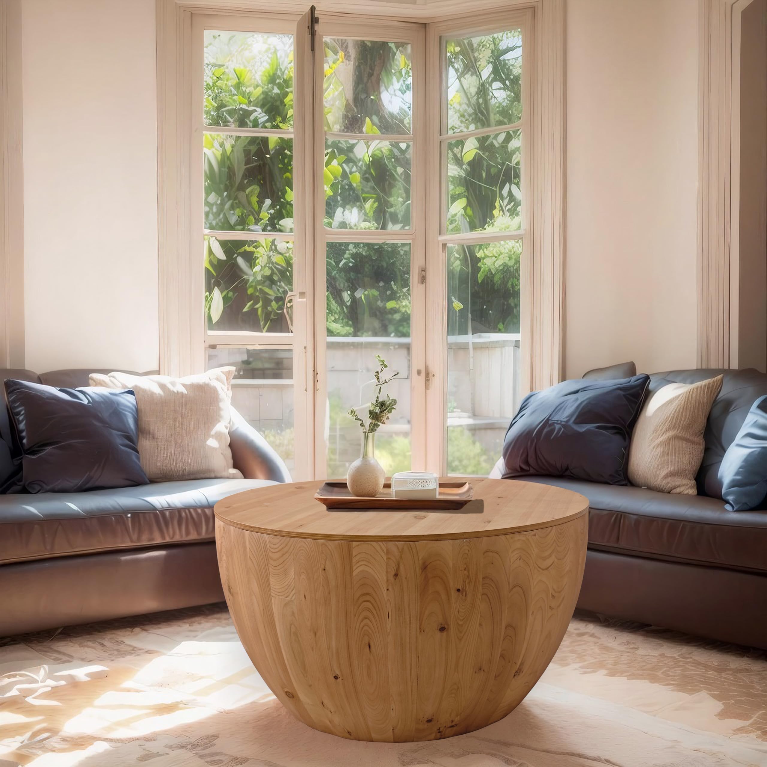 Vintage Wood Drum Coffee Table, Wood Round Coffee Table