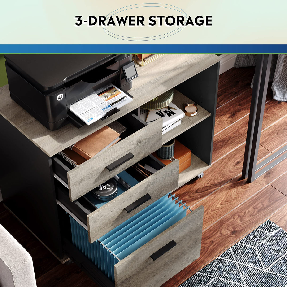 3-Drawer Wood File Cabinet, Mobile Lateral Filing Cabinet, Printer Stand