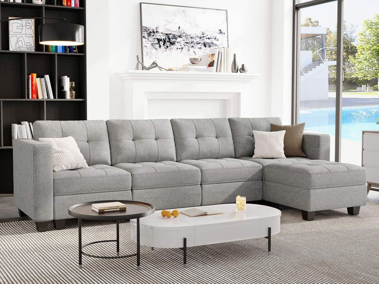 Light Grey L Shape 5-Seat Modular Sectional Sofa with Storage, Reversible Chaise