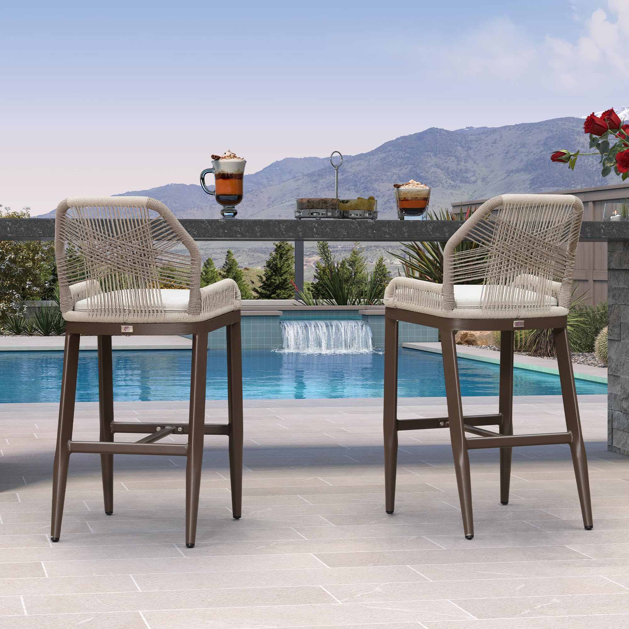 Patio Bar Stool Bar Height Set of 2 Outdoor Rattan Chairs with Back Modern Aluminum Woven Barstools