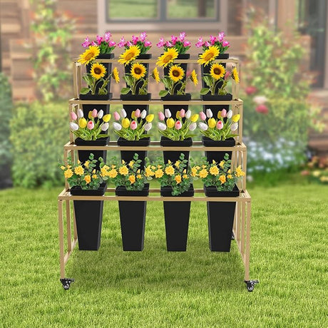 Flower Display Stand with Buckets, 4 Layers Metal Plant Stand with 16 Buckets