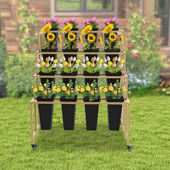 Flower Display Stand with Buckets, 4 Layers Metal Plant Stand with 16 Buckets