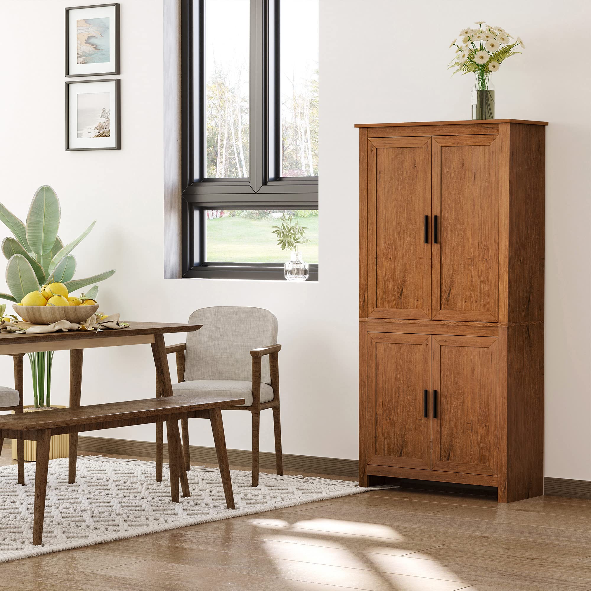 HOMCOM 64" Kitchen Pantry Cabinet, Freestanding Storage Cabinet with 4 Doors and 3 Adjustable Shelves for Dining Room, Oak