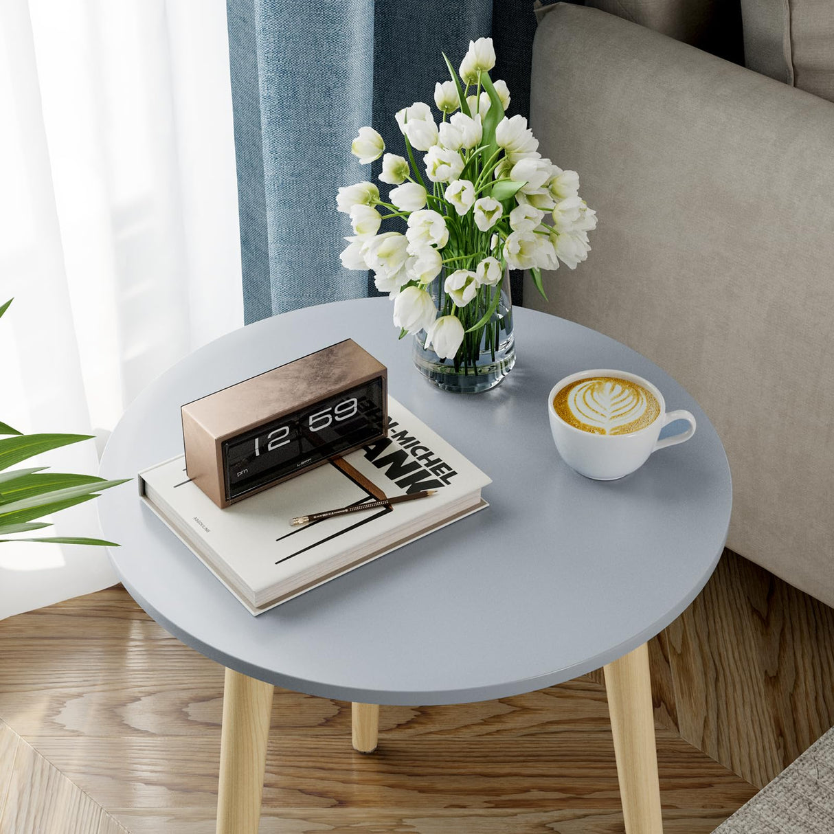 Table, Blue Grey End Table for Small Spaces, Nursery Round Side Table Small Bedside