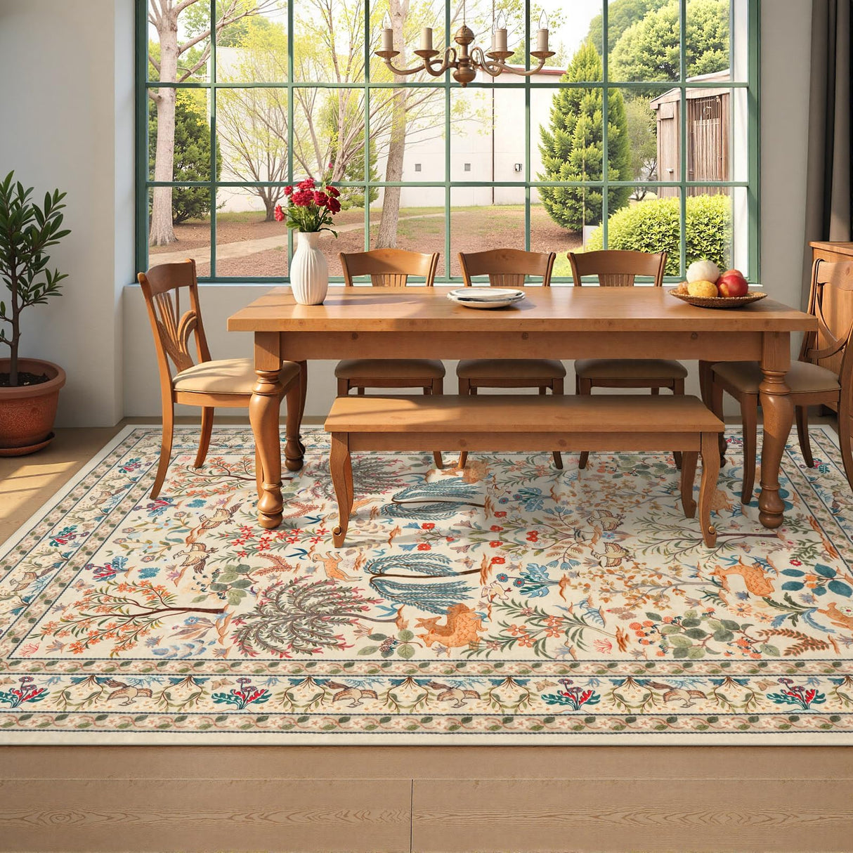 8x10 Washable Area Rug - Beige Botanical Print