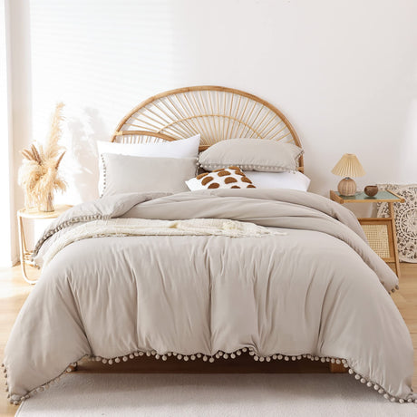 Queen Comforter Set - Comforter Queen Size Sets with Ball Pom Fringe, Soft Bedding Set