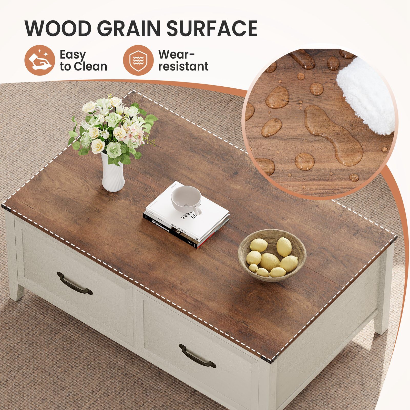 Farmhouse Coffee Table, 43'' Hinged Lift Top Wood Center Table, Rustic Coffee Table