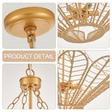 29" Natural Rattan Chandelier, with Boho Woven Wicker Flower Shade Antique Brass