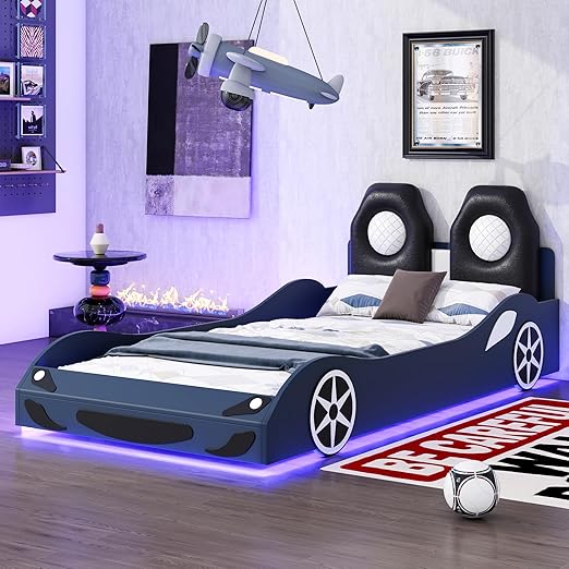 Twin Race Car Bed with LED Lights and Guardrails