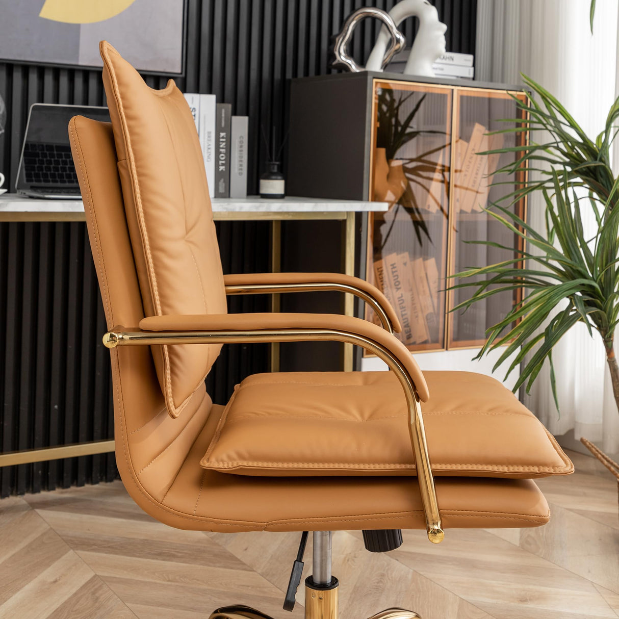 Leather Mid-Back Office Chair with Golden Legs - Camel