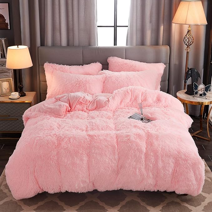 Shaggy Fluffy Faux Fur Duvet Cover Set Button Closure Velvety Bedding Set Comforter