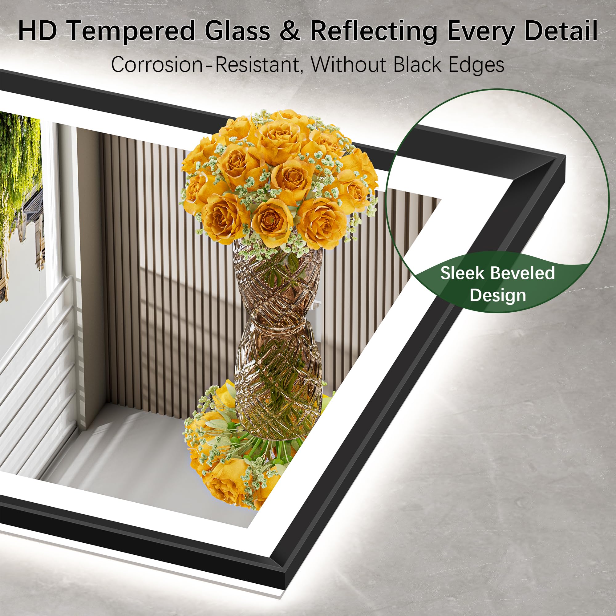 30x36 Black Framed LED Bathroom Mirror - Dimmable with Anti-Fog