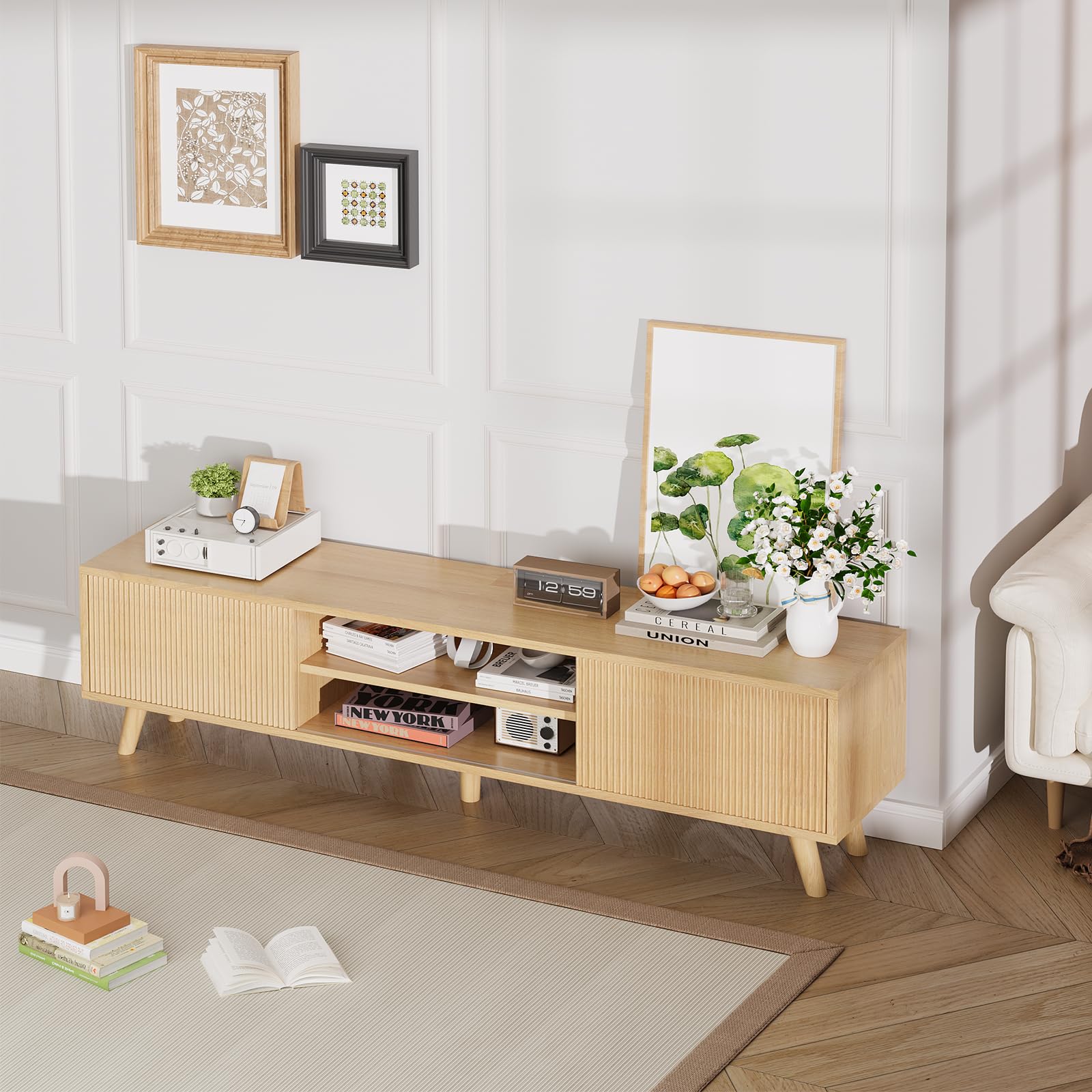 TV Stand for TVs Up to 75 Inches, Boho Entertainment Center Wood TV Stand with Fluted
