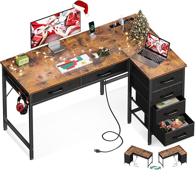 50 Inch L Shaped Desk with Drawers, Computer Desk with Power Outlets