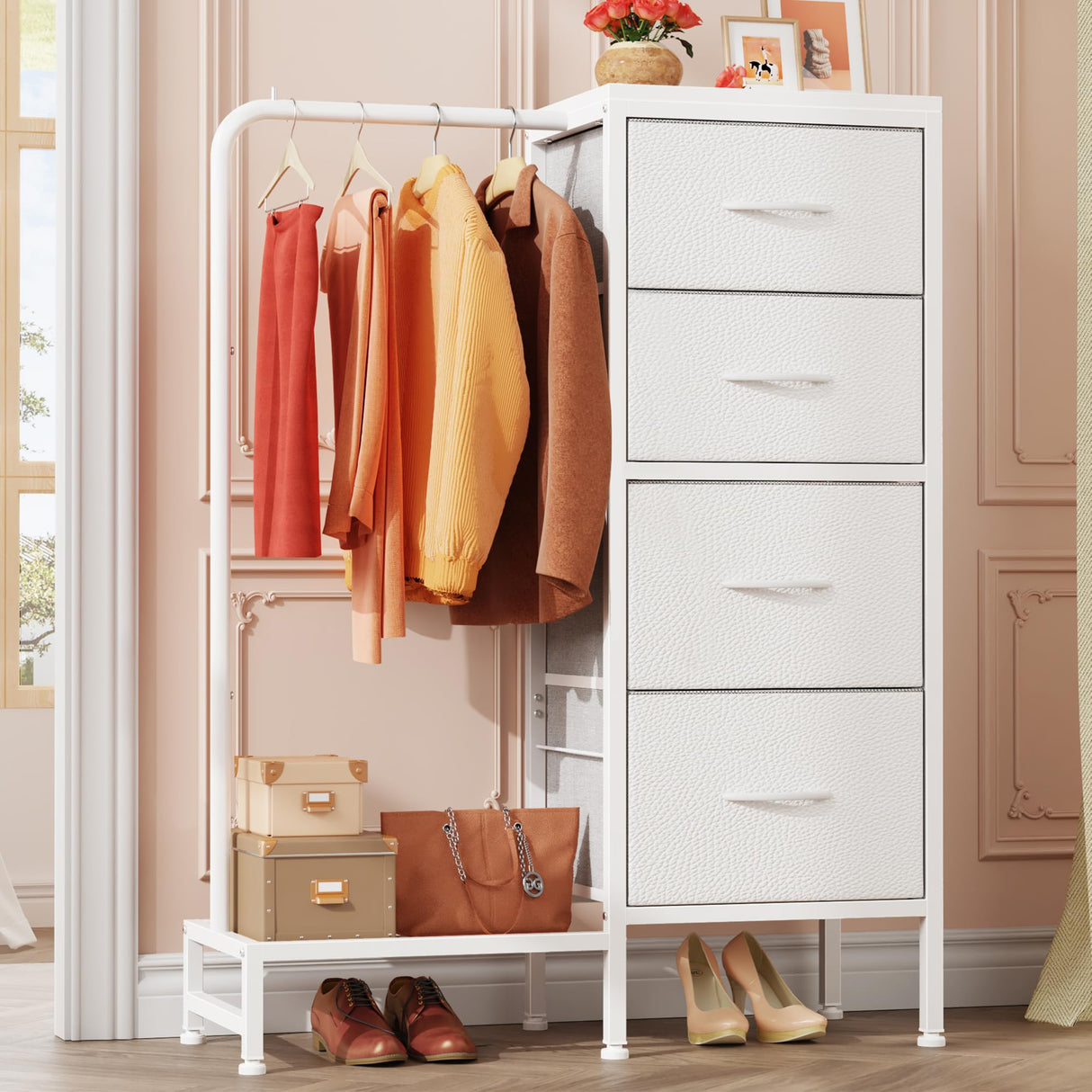 HIGDBFE Dresser with Hanging Rack, 4 Drawers Small Dresser for Bedroom, Reversable Fabric Kids Dresser for Closet with Clothes Rack, Tall Chest of Drawers, Sturdy Frame, White, 44''H