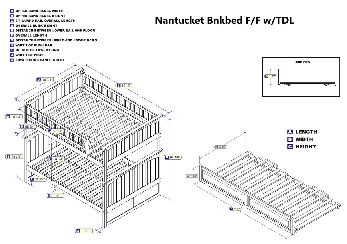 AB59534 Nantucket Bunk Bed with Raised Panel Trundle Bed, Full Over Full, Antique