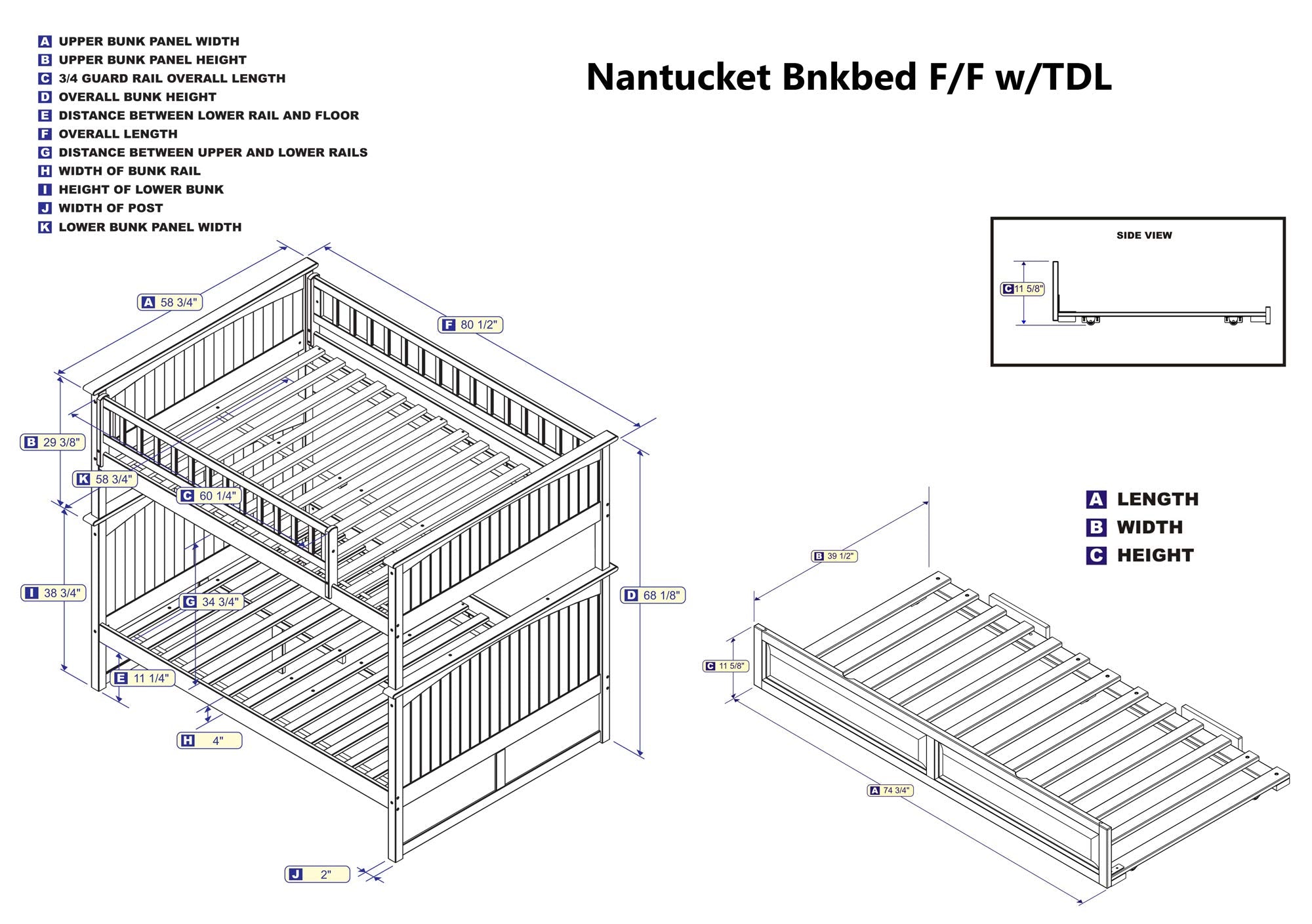 AB59534 Nantucket Bunk Bed with Raised Panel Trundle Bed, Full Over Full, Antique