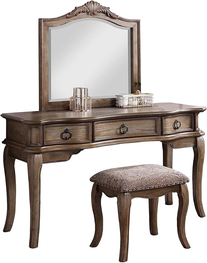 60 Inch Vanity Desk Set with Stool and Mirror, Brown Solid Wood