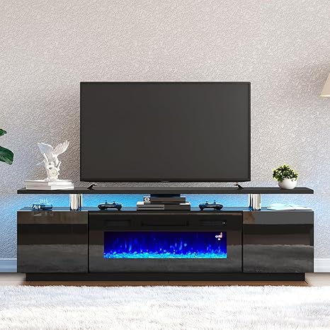 Fireplace TV Stand with 36" Fireplace, 70" Modern High Gloss Fireplace Entertainment