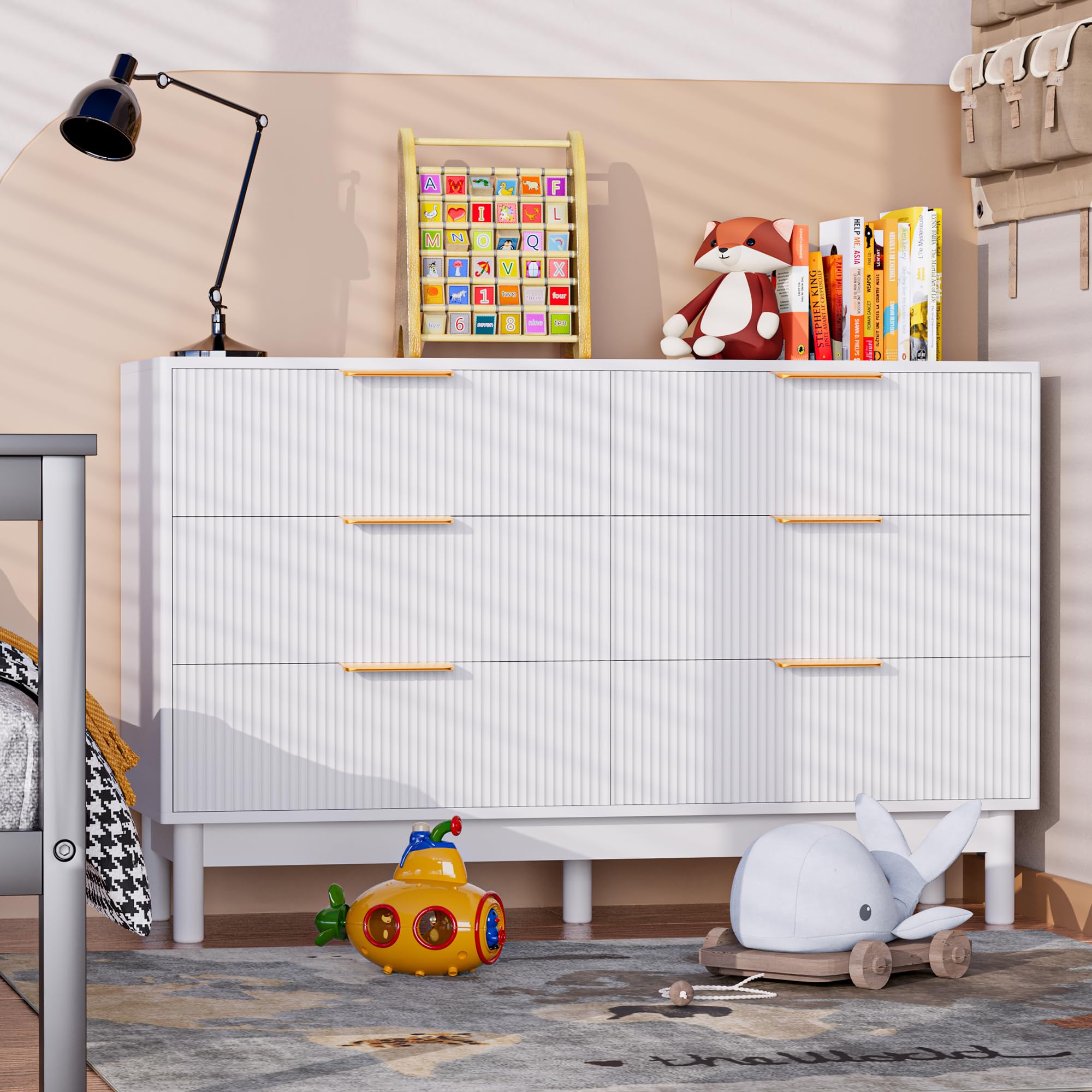 6 Drawer Dresser White Gold for Bedroom, White Wood Modern Double Dresser