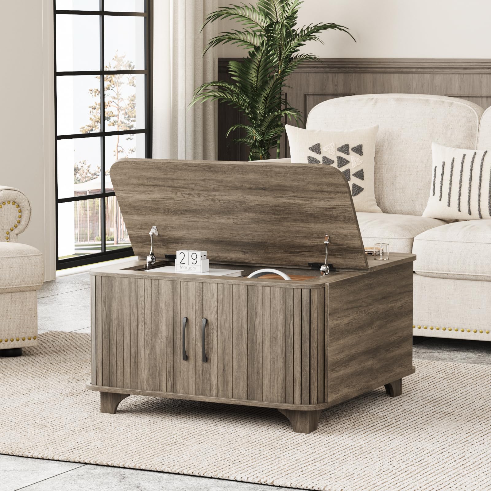 Lift Top Coffee Table with Storage, Farmhouse Square Coffee Table with Hidden