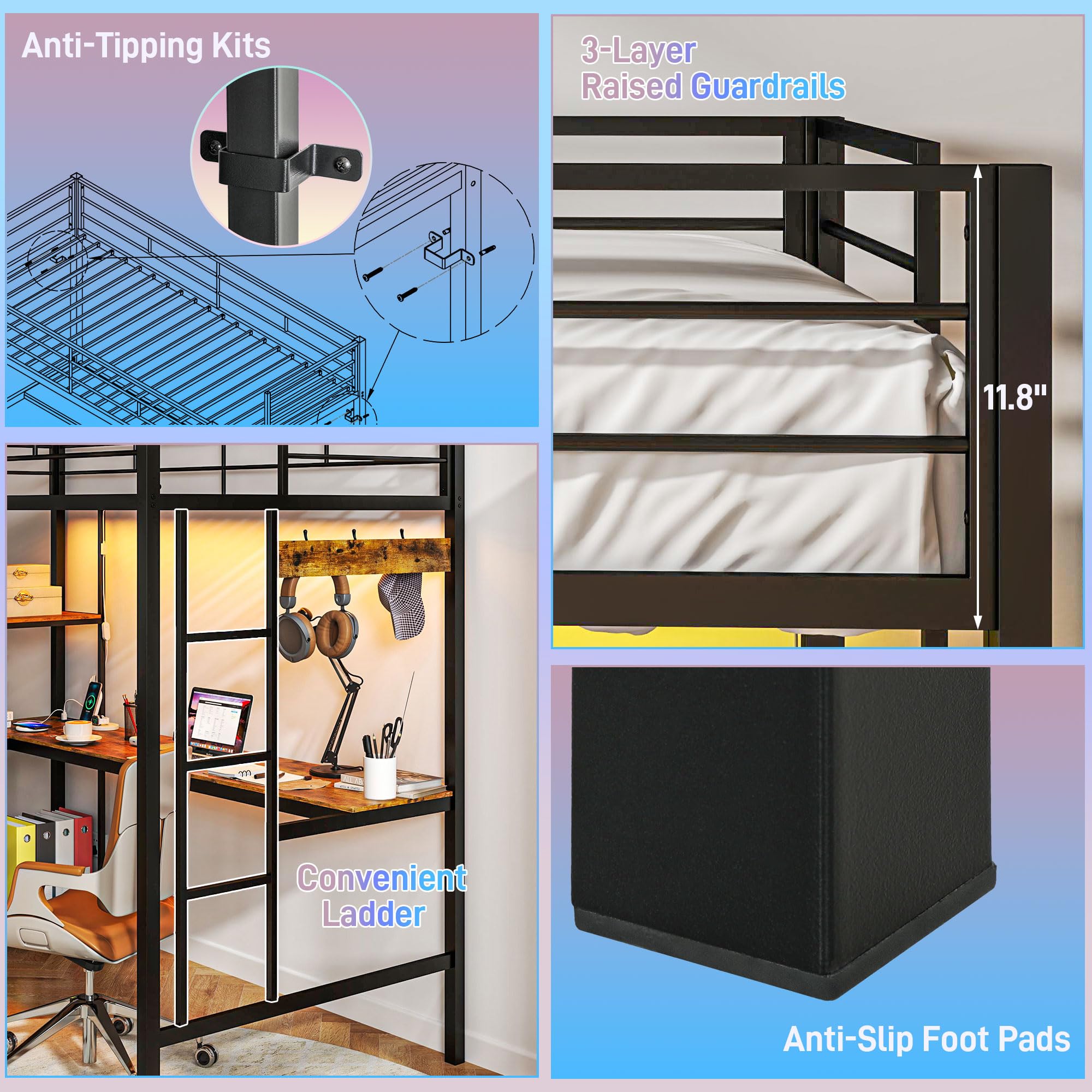 Twin Size with L-Shaped Desk, LED Lights, Charging Station, for Teens Adults, Twin Loft