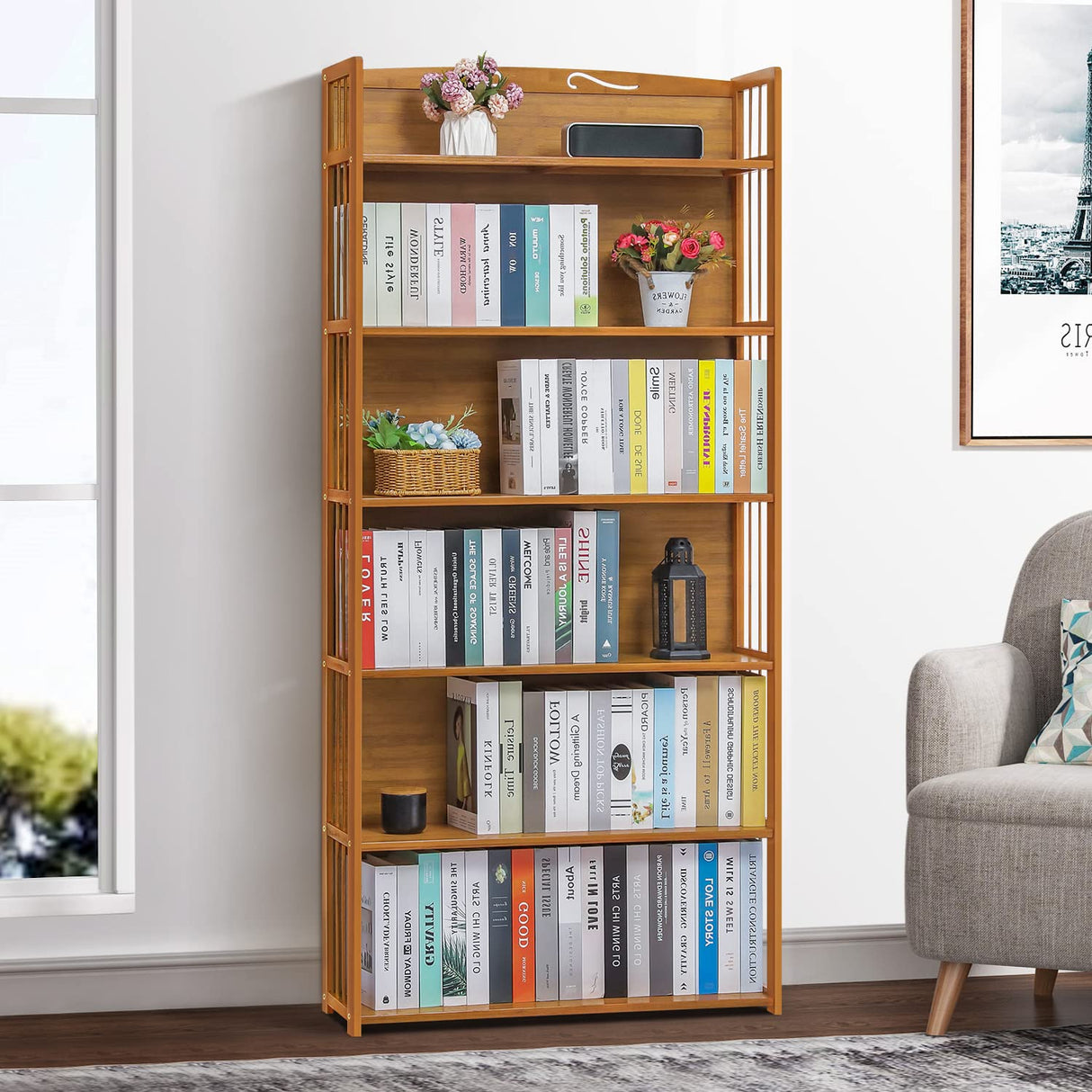Bamboo Bookshelf, 6-Tier Adjustable Tall Bookcase Rack Organizer Shelving Free