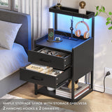 Nightstands Set of 2 with Charging Station, LED Night Stand with 2 Drawers, Black Modern