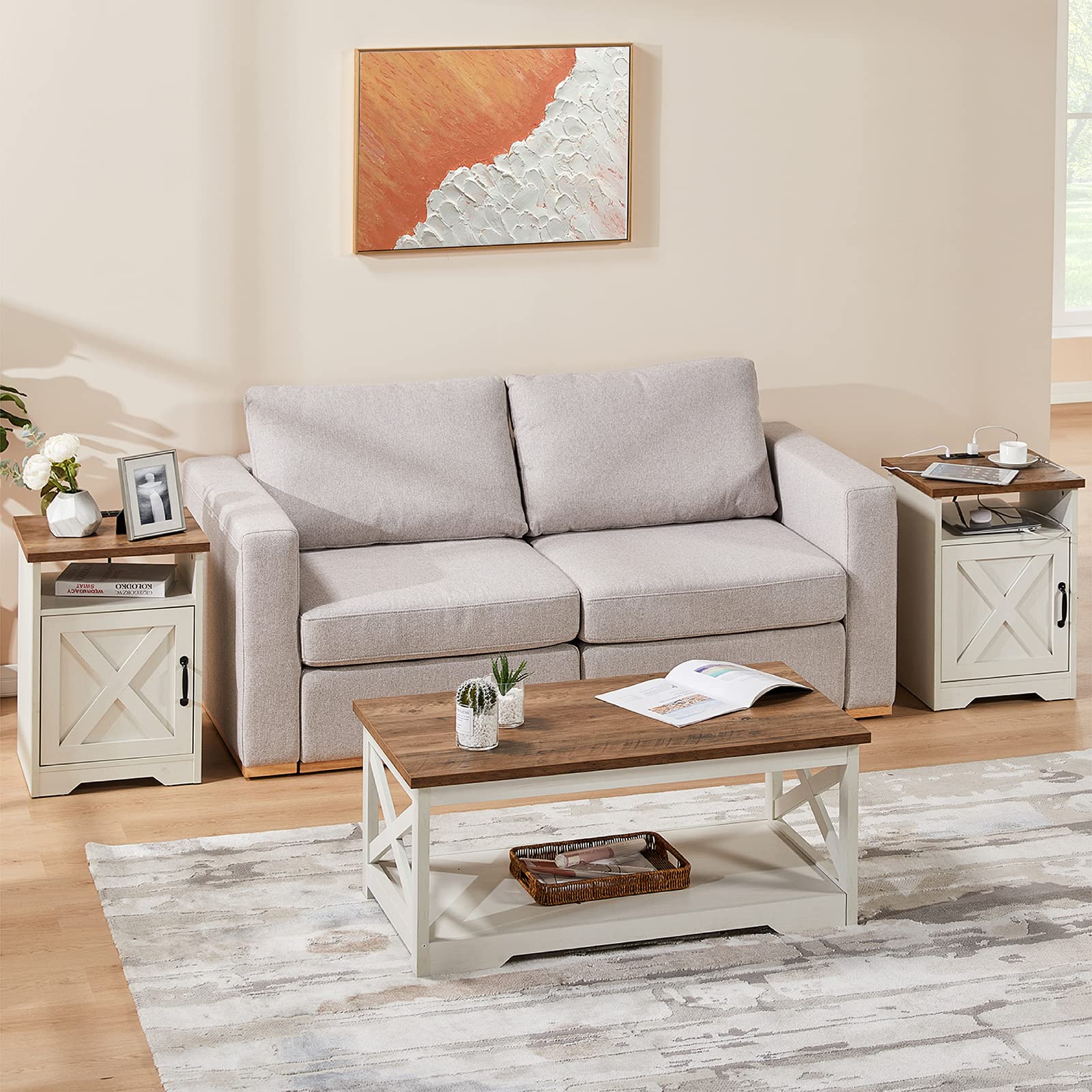 3-Piece Farmhouse Table Set includes Coffee Table& Two End Tables, Side Table