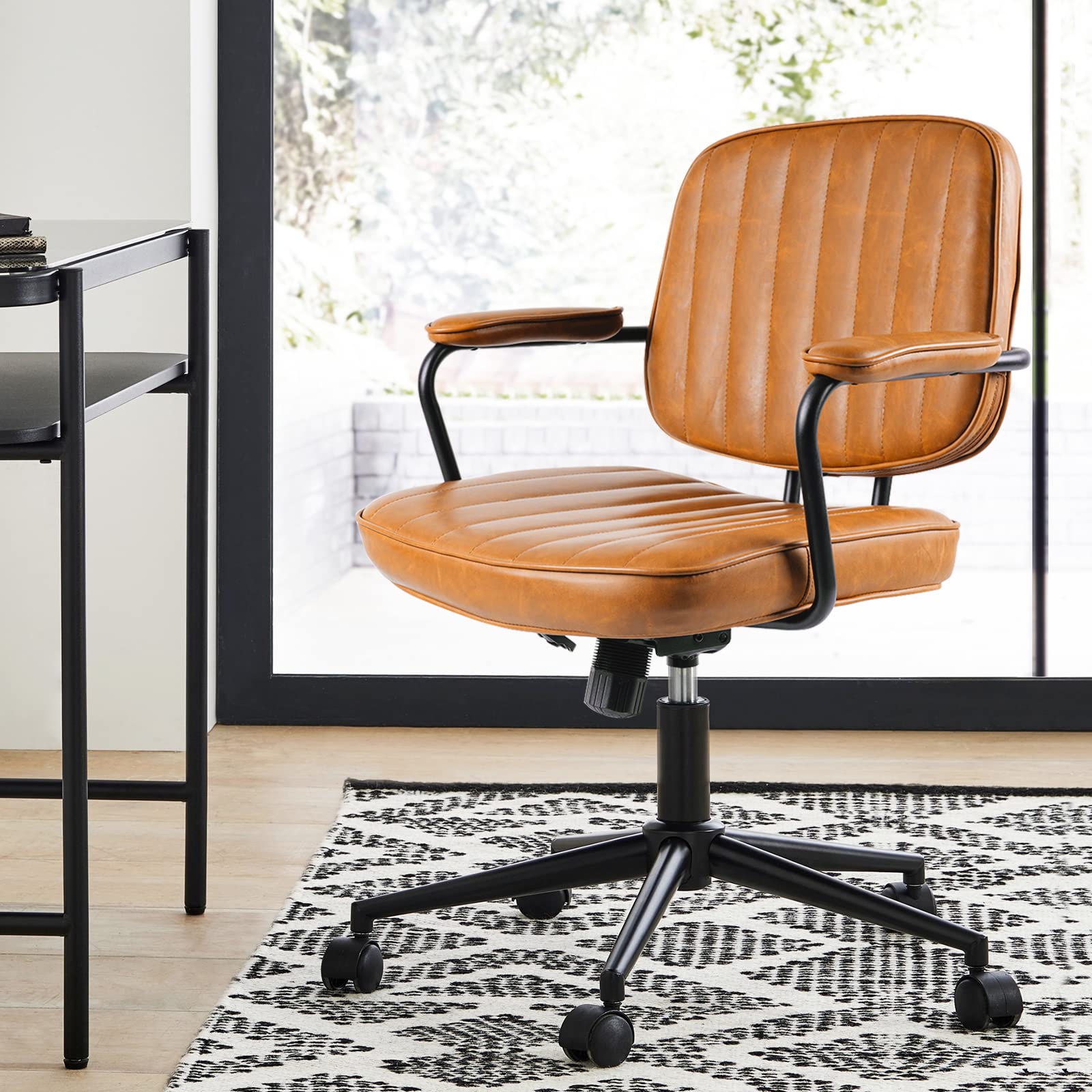 Mid-Century Leather Office Chair with Wheels & Adjustable Height