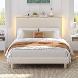 Bestier Queen Corduroy Upholstered Bed Frame with Adjustable Vertical Channel Tufted Headboard, LED Platform Bed with Storage Shelf, Solid Wood Slat Support, No Box Spring Needed, No Squeak(Beige)