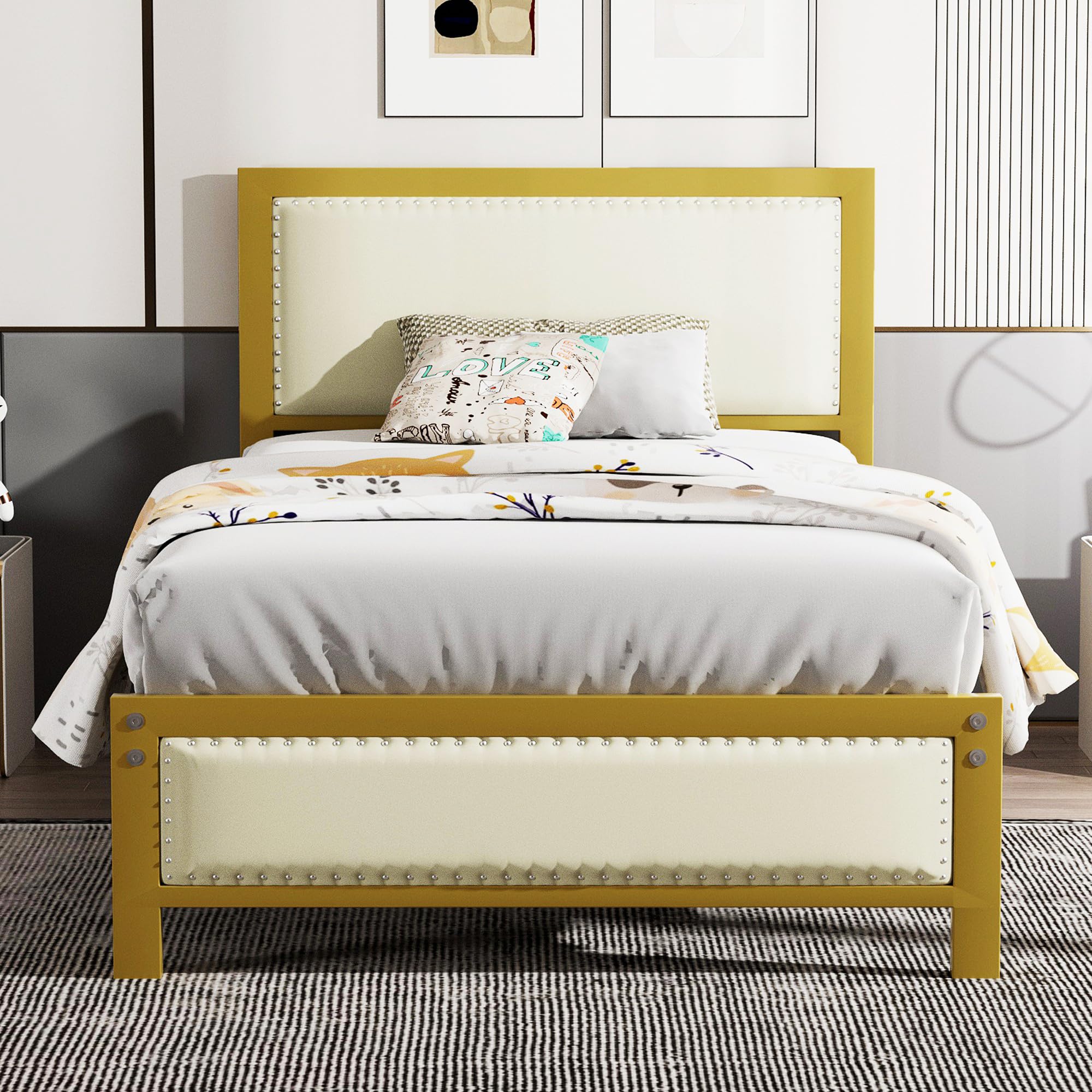 Bed Frame with Headboard, Heavy-Duty Upholstered Platform with Strong Metal Slats,