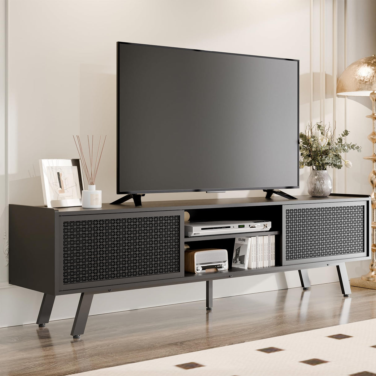 Black TV Stand for 65 70 Inch TV, Modern Iron Rattan TV Console with Sliding Door