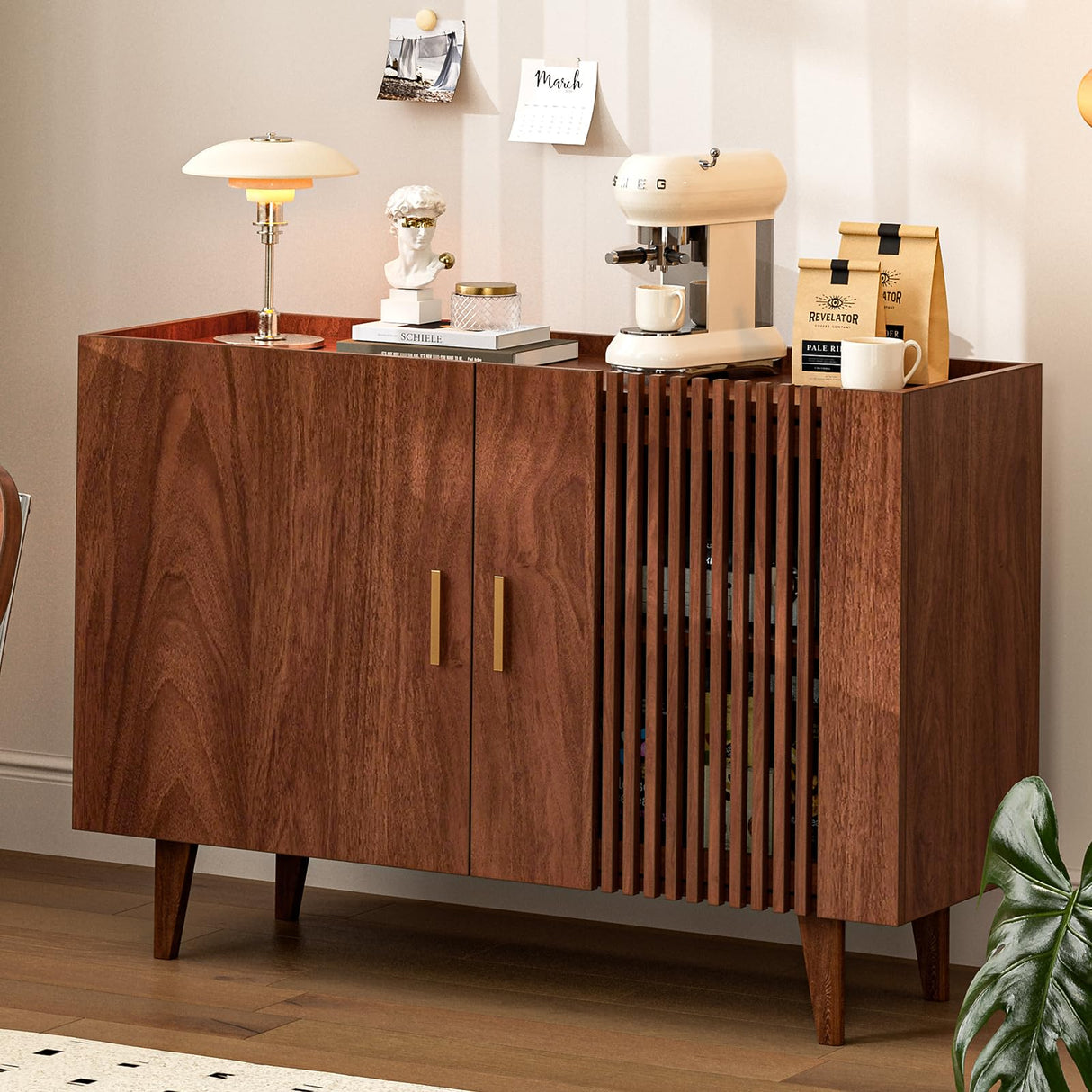 Buffet Storage Cabinet, Sideboard with Slatted Door, Gold Handles and Wood Legs