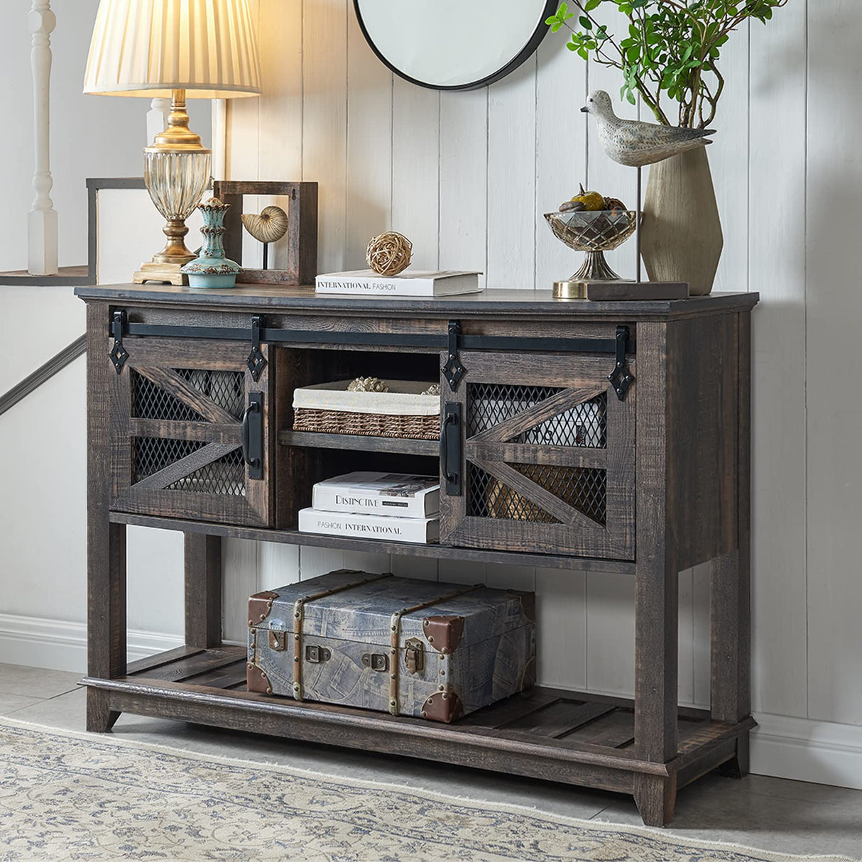 Entryway Table w/Sliding Barn Doors, 46'' Farmhouse & Industrial Console Table