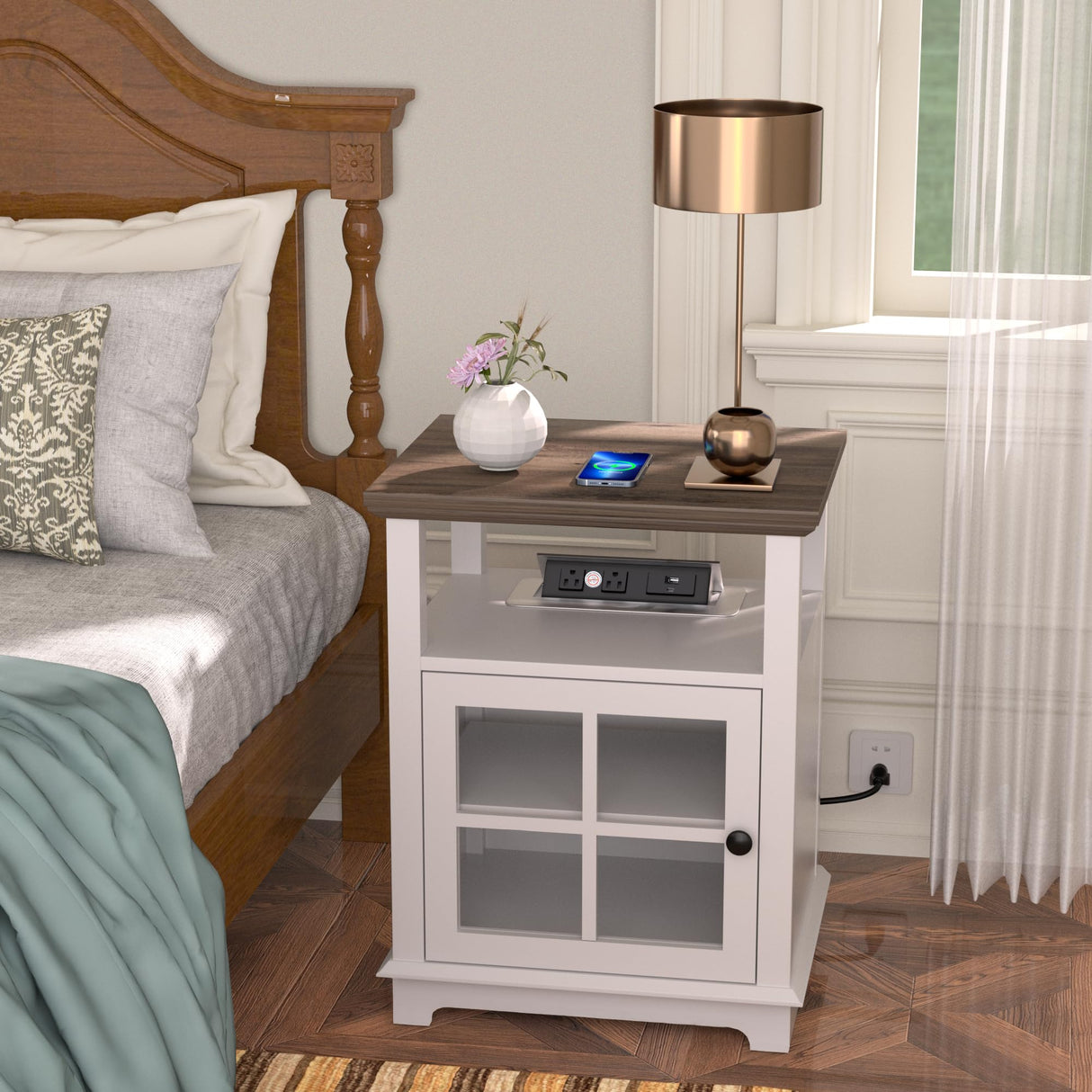 End Table with Charging Station, Side Table with Storage, White Nightstand