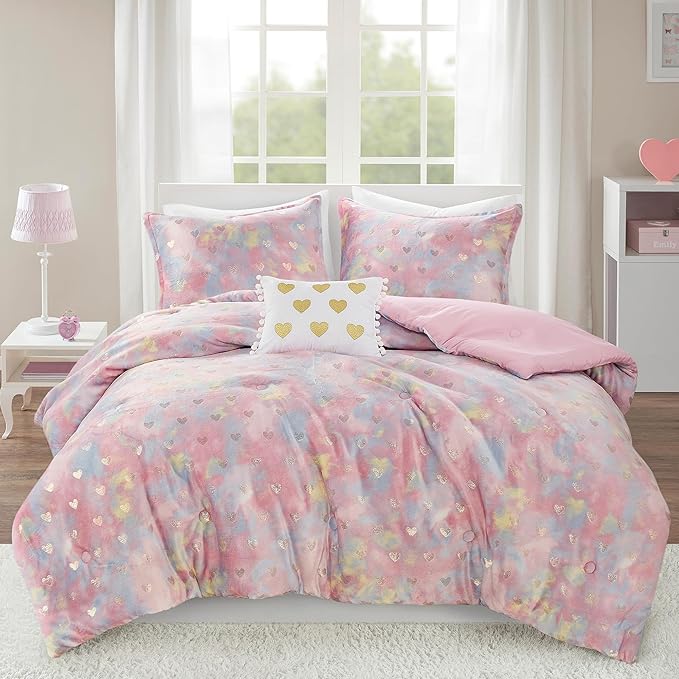 Comforter Set for, Ultra-Soft Microlight Plush Metallic Printed Hearts Brushed Reverse Overfilled Down