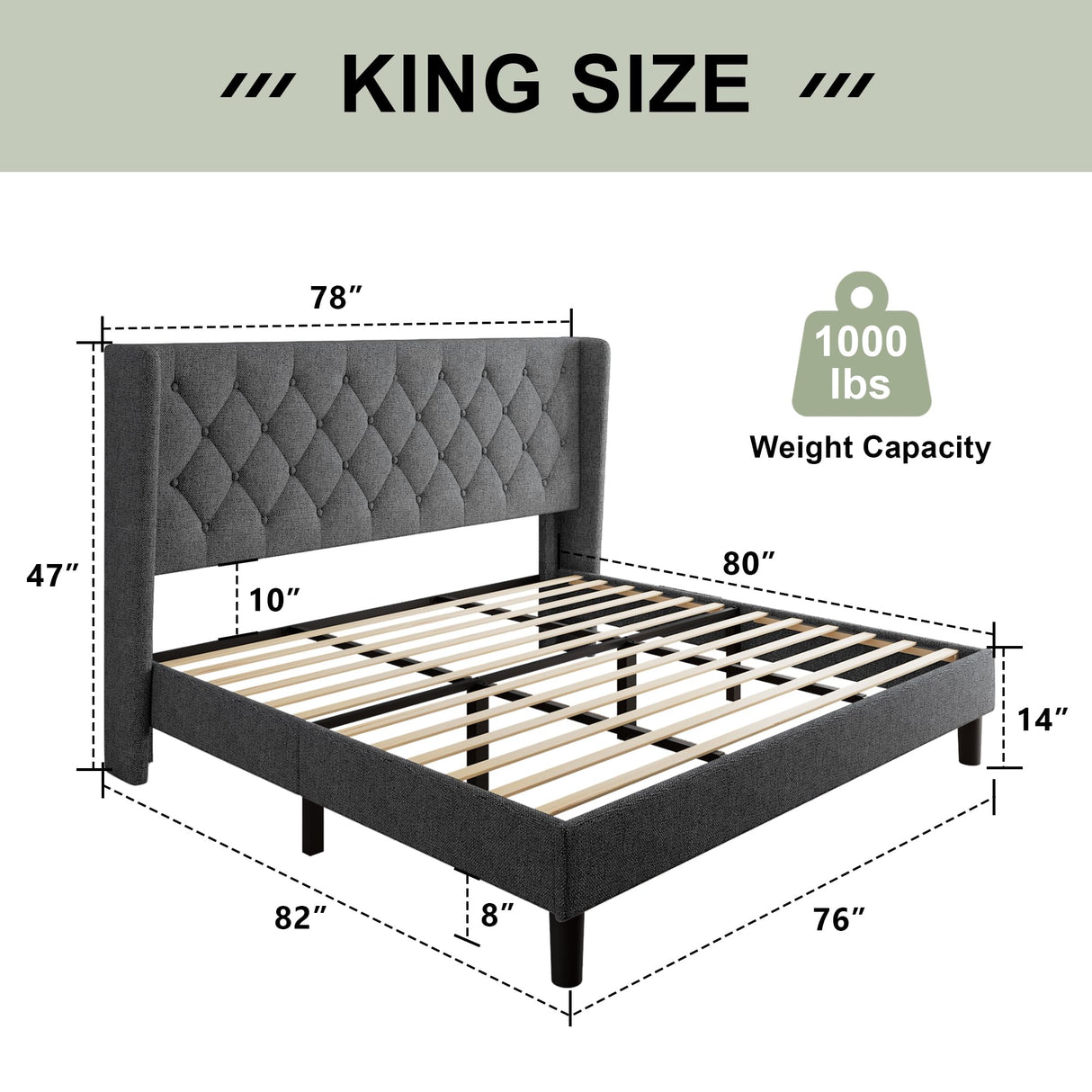 King Size Bed Frame with Wingback, Upholstered Platform Bed with Diamond Tufted