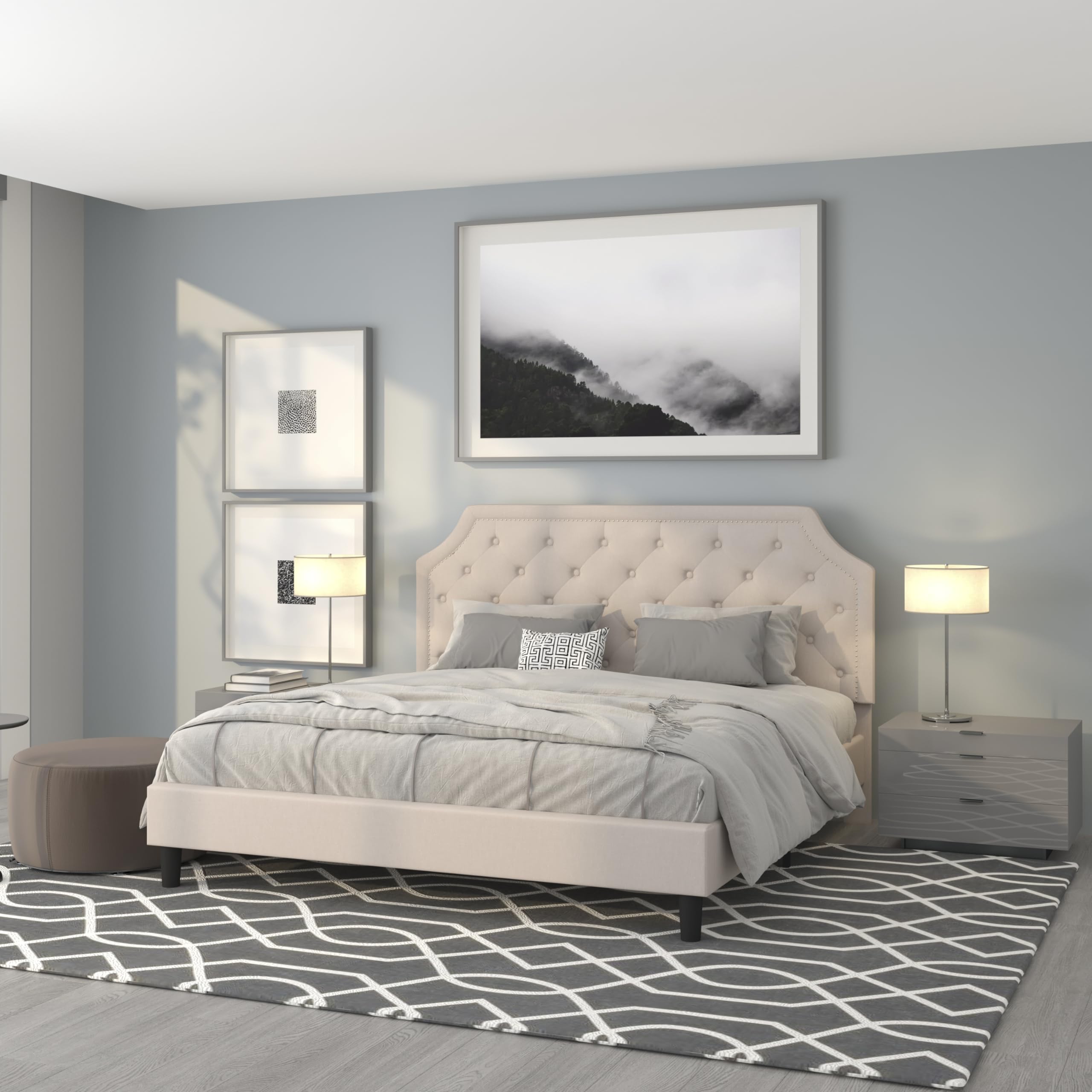 King Size Arched Tufted Upholstered Platform Bed in Beige Fabric