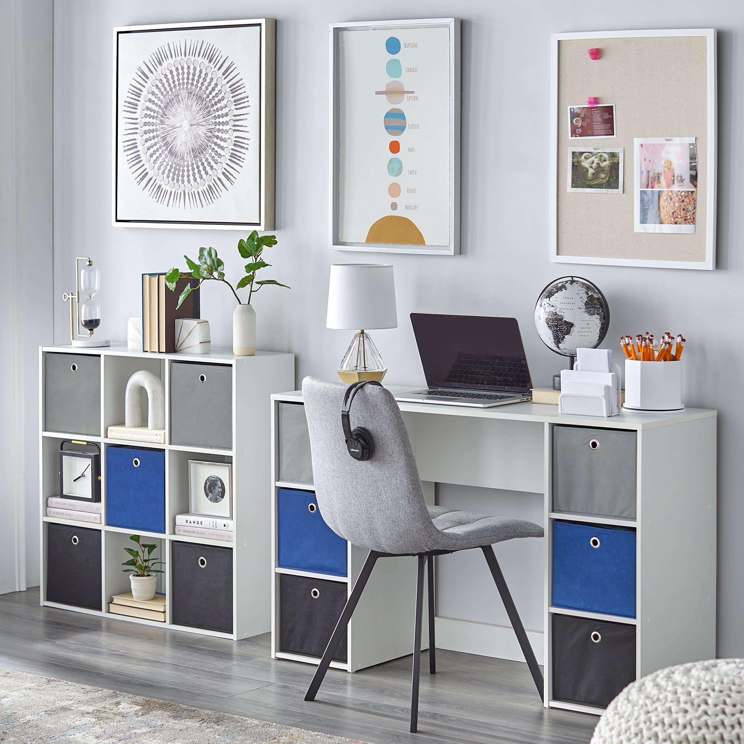 Systems Utility Collection Modular Bookcase with 5 Bins and 4-Cubbies, Contemporary Cube Book Display Shelves, Storage Organizer for Bedroom, Living Room and Office, White