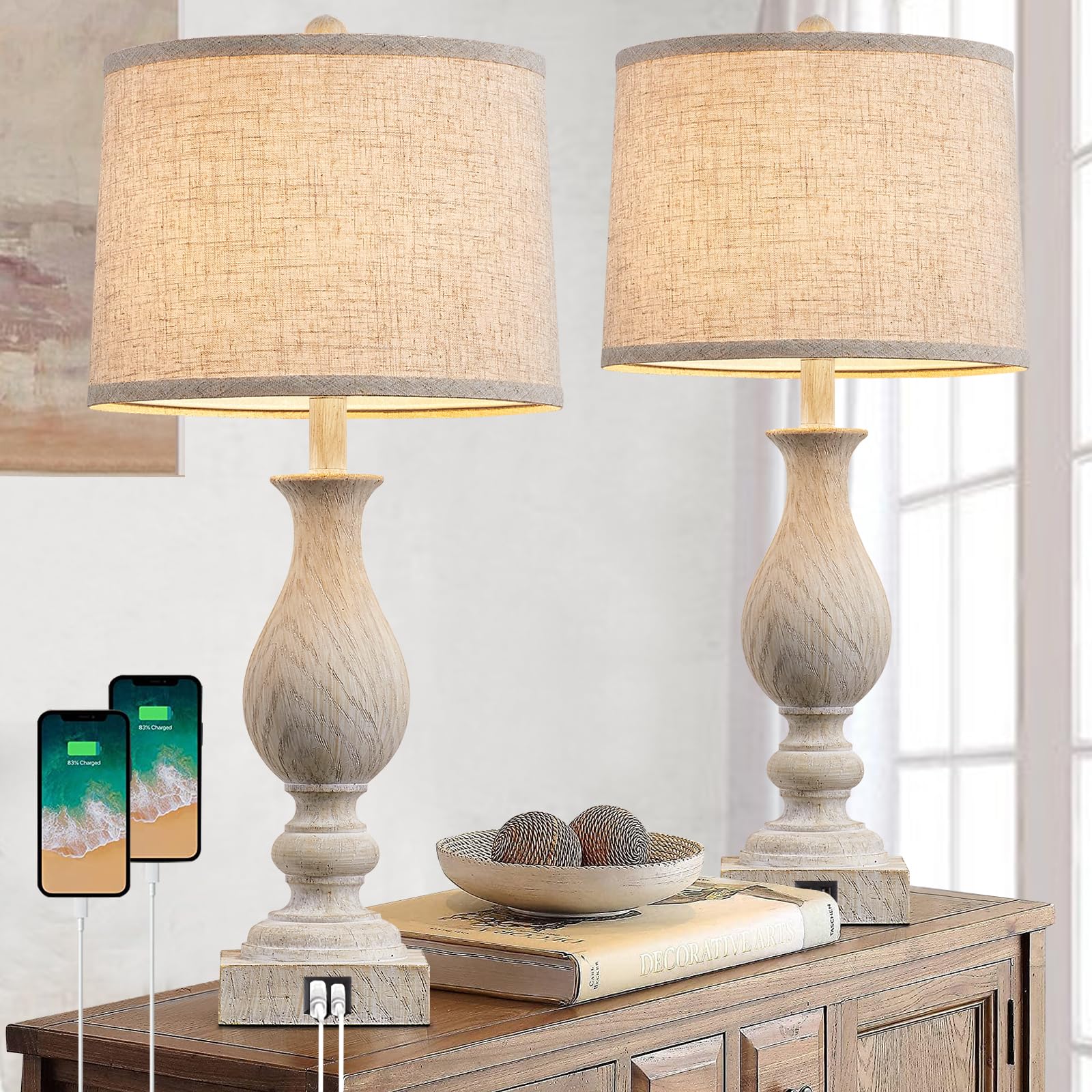 Farmhouse Table Lamp Set of 2 with USB Ports - 28" Vintage Bedside Lamps