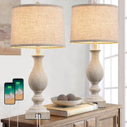 Farmhouse Table Lamp Set of 2 with USB Ports - 28" Vintage Bedside Lamps
