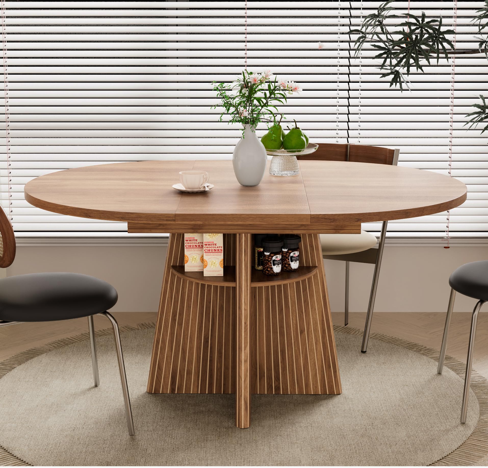Extendable Round Dining Table with Storage Shelves