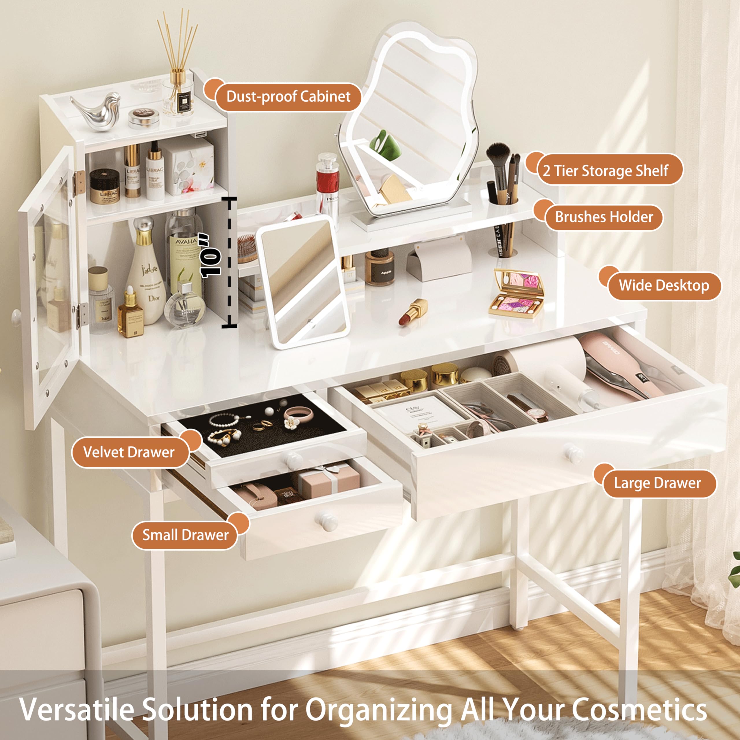 VEELOK Vanity Desk White with Small 3 Color Lighted Mirror 35.4 inch Small Vanity with Velvet Jewerly Storage Drawers, Dust-Proof Cabinet, Dressing Table Makeup Table for Bedroom